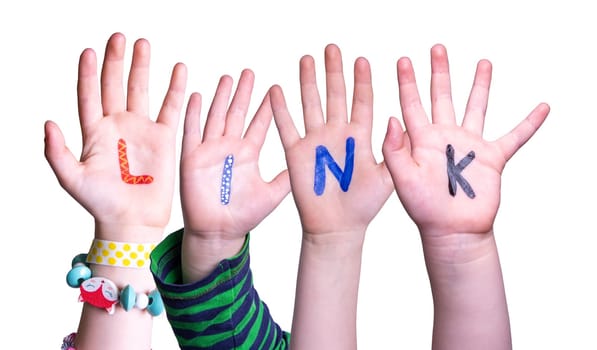 Children Hands Building Colorful English Word Link. Isolated White Background.