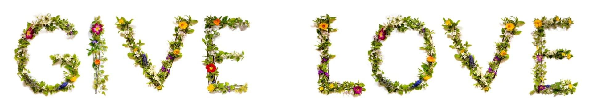 Blooming Flower Letters Building English Text Give Love. Summer And Spring Season Blossoms And Flower Lei.