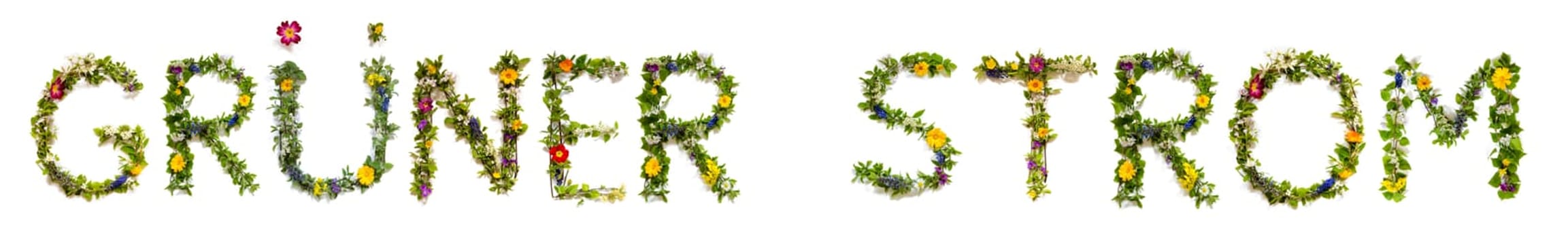 Blooming Flower Letters Building German Gruener Strom Means Green Power. Summer And Spring Season Blossoms And Flower Lei.