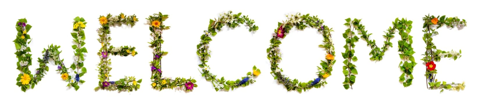 Blooming Flower Letters Building English Word Welcome. Summer And Spring Season Blossoms And Flower Lei.