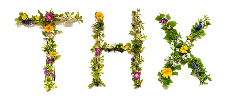 Blooming Flower Letters Building English Word THX. Summer And Spring Season Blossoms And Flower Lei.