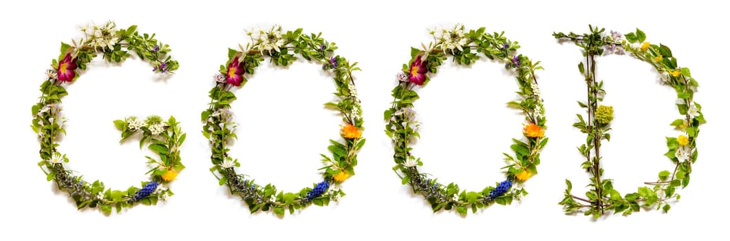Blooming Flower Letters Building English Word Good. Summer And Spring Season Blossoms And Flower Lei.