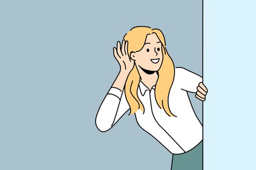 Smiling woman look behind wall listening to gossip or hearsay. Happy female make hand gesture hear hidden information or messages. Vector illustration.