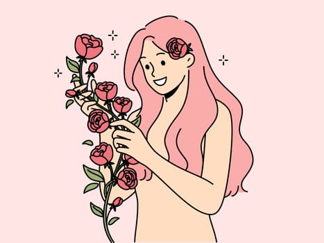 Smiling naked woman with pink hair holding roses in hands. Happy girl with flowers enjoy nature. Vector illustration.