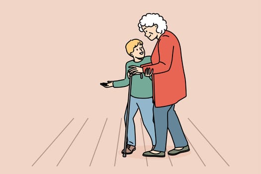 Caring little boy child helping mature grandmother cross road. Cute small kid hold hand assist elderly woman walk on street. Vector illustration.