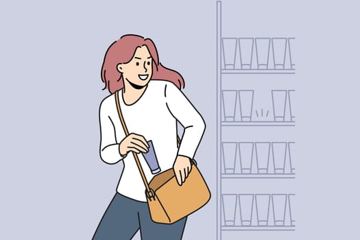 Woman stealing beauty product from shelf in shop. Suspicious female shoplifting in cosmetics store or boutique. Kleptomania. Vector illustration.