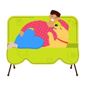 Young african man hugging a dog. A young guy plays with his dog on the street. Puppy owner. Vector cartoon isolated on white background.
