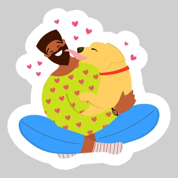 african american with dog.Young african man hugging a dog. A young guy plays with his pet and loves her. Puppy owner. Vector cartoon isolated on white background. sticker.