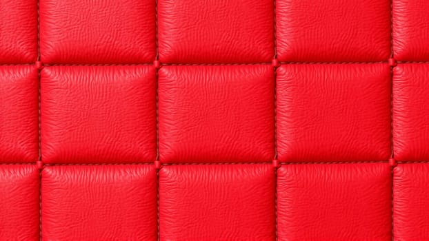 The surface texture of artificial leather in red, stitched in the form of rhombuses, squares, rectangles. Quilted eco-leather. High quality photo