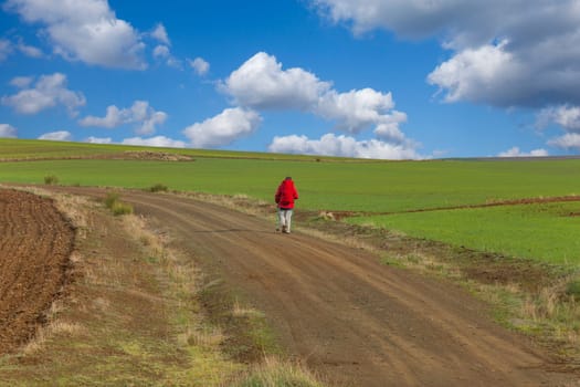 Andalucia, Spain, 04 December, 2022: Pilgrim walk along the Camino De Santiago, the Way of St. James pilgrimage route, Andalucia, Spain.