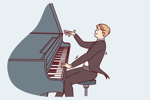 Man pianist masterfully plays classical music sitting in tuxedo for performances in front audience. Young creative guy participates in concert demonstrating cool piano playing