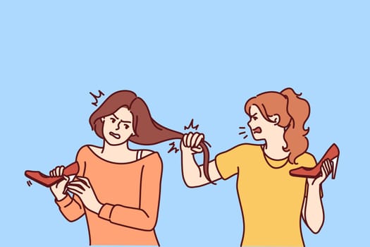 Quarrel of women tearing opponents hair and shouting insults during conflict over last shoes in store. Young girls conflict trying to get scarce pair of shoes in fight at bargain sale