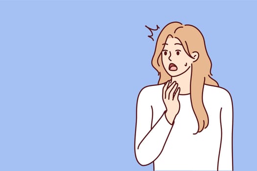 Young woman opens mouth when she sees unexpected event or experiences shock reaction after harsh statement. Girl is shocked by unexpected news about moving crisis or upcoming problems in labor market