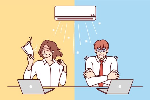 Man and woman sitting at table under air conditioner experience discomfort due to different perceptions of climate. Using office air conditioner to keep warm in winter or cool in summer climates