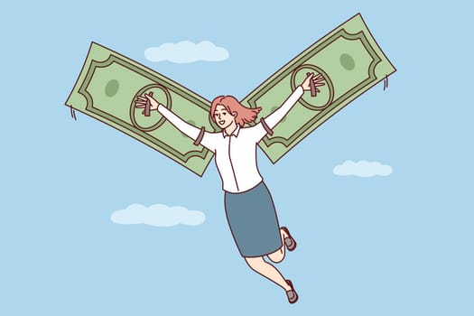 Happy woman flies in sky among clouds using banknotes instead of wings. Concept of financial freedom and independence obtained through receipt of their own income