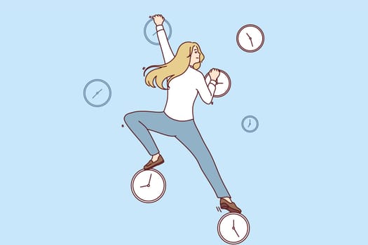 Purposeful woman freelancer climbs up clock wanting to get work done and meet tough deadlines on time. Freelancer is engaged in time management to complete orders and get satisfied customers