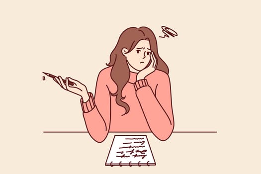 Thoughtful girl sitting at table thinking about what to write in essay given by teacher in university. Thoughtful woman using notepad to make checklist and plan for day to increase productivity