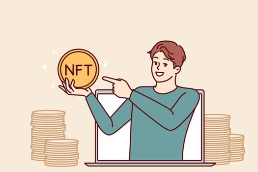 Man with gold coin with inscription nft leans out of laptop screen while trading digital art at auction. Concept selling virtual content on Internet and online distribution of NFT tokens