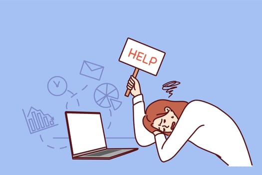 Tired woman showing help sign, lying down on table after having experienced burnout. Unhappy girl suffers from burnout and lack of motivation, exhausted and as result of regular overwork and overload