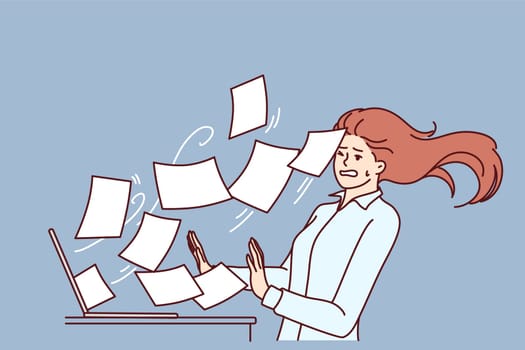 Woman working overtime is having trouble with large volume of documents or email flying out laptop screen. Secretary girl suffers from overtime and cannot cope with duties due to unprofessionalism
