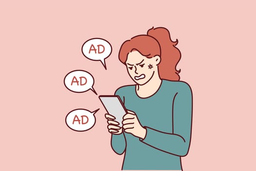 Woman is angry after receiving another promotional message from store using spam to attract new customers. Girl with tablet is nervous because of spam preventing from playing game or reading article
