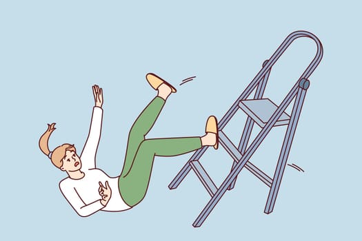 Clumsy woman falls off stepladder during repairs and risks injury and hospitalization with fracture. Concept violation of safety rules when using stairs leading to accident