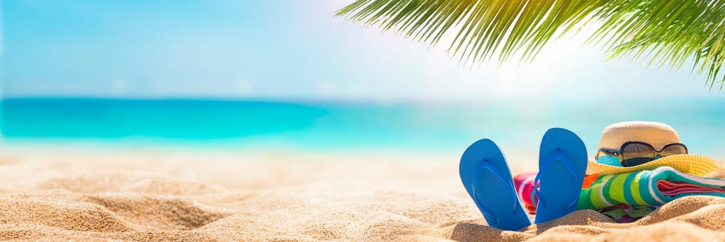 Summer holiday background with flip flops and palm tree on sandy beach