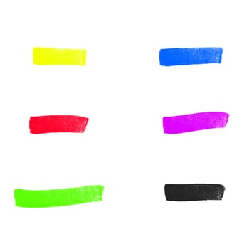 Set of 6 colorful hand drawn stripes: Yellow, red, green, blue, purple and black