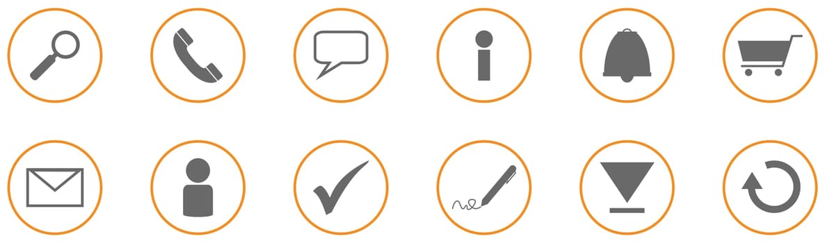 12 contact, business or shopping icons in orange circles