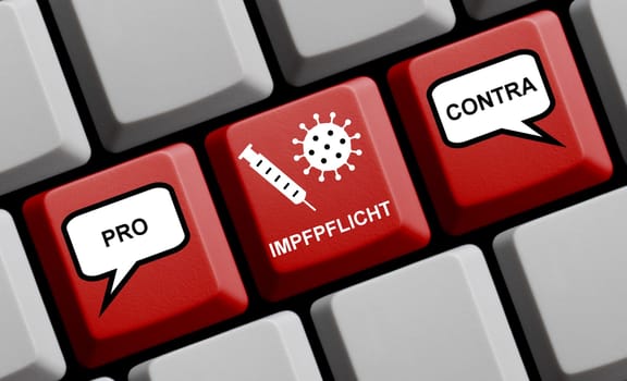 Obligation of Vaccination Pro and Contra in german language on red computer keybard 3D illustration