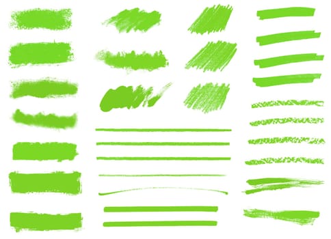 Big collection of green hand drawn pencil and paintbrush stripes, strokes and textures