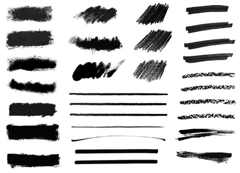 Big collection of black hand drawn pencil and paintbrush stripes, strokes and textures