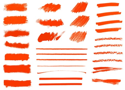 Big collection of red hand drawn pencil and paintbrush stripes, strokes and textures