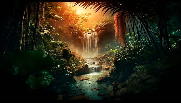 generative ai illustration of Tropical rainforest with waterfalls in sunset, depth of field