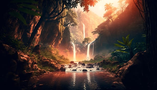 generative ai illustration of Tropical rainforest with waterfalls in sunset, depth of field