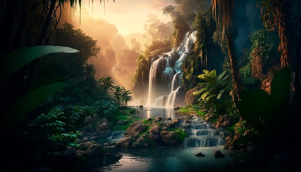 generative ai illustration of Tropical rainforest with waterfalls in sunset, depth of field