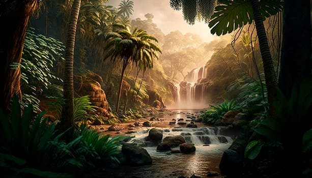 generative ai illustration of Tropical rainforest with waterfalls in sunset, depth of field