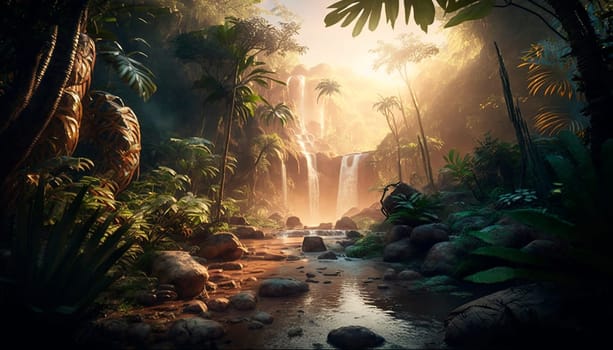 generative ai illustration of Tropical rainforest with waterfalls in sunset, depth of field