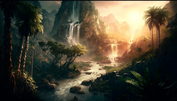 generative ai illustration of Tropical rainforest with waterfalls in sunset, depth of field