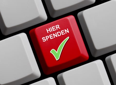 Donate here in german language on red computer keyboard 3D illustration