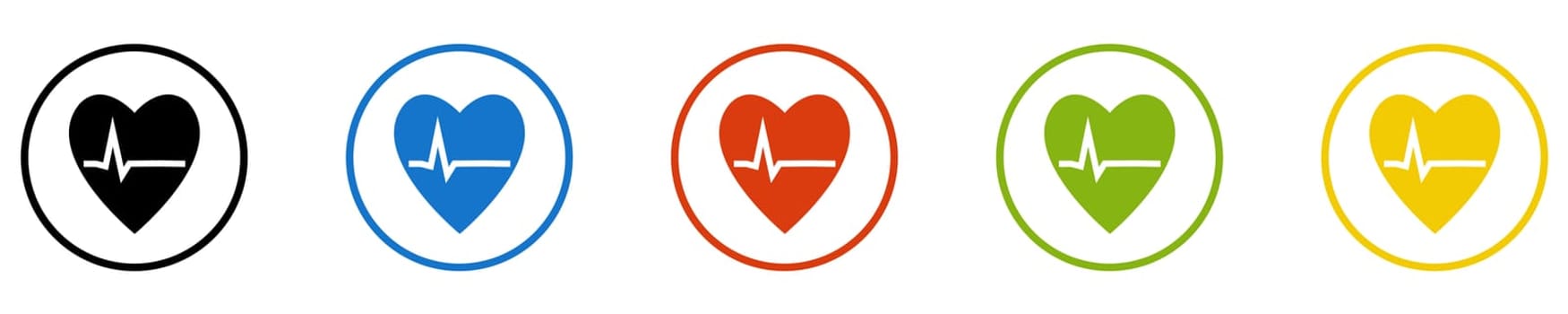 Button collection: Heart with Heartbeat - Icons in black, blue, red, green and yellow circles