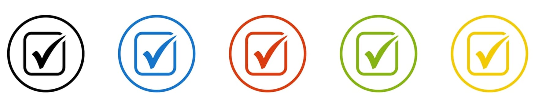 Button collection: Tick, Check or Vote - Icons in black, blue, red, green and yellow circles