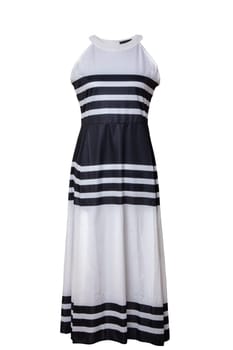 Dress isolated. Closeup of colorful elegant stylish black and white striped sleeveless summer dress or sundress on a mannequin. Clipping path. Women, girls summer fashion.