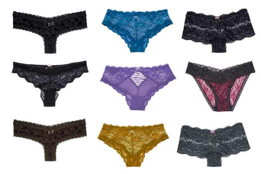 Thong lingerie isolated. Collage set of different luxurious elegant colorful lacy thongs panties isolated on a white background. Sexy lace underwear of woman.