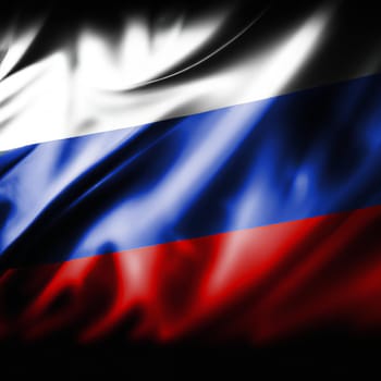 Russian flag fluttered in the wind. Silk base. Dark shadows or vignette along the edges of the image. Russia.