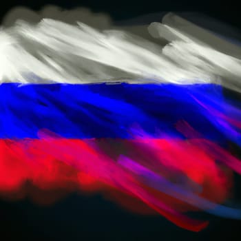 Russian flag fluttered in the wind. Dark shadows or vignette along the edges of the image. Russia. Handmade effect, painted in gouache or acrylic. Romantic style.