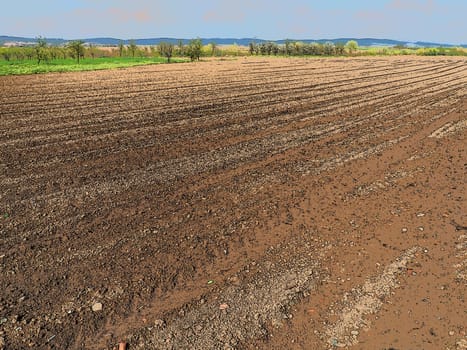 Landscape with agricultural land plowed, prepared for harvest. Agricultural landscape, arable land for temporary crops that can be plowed and used to grow crops. Serbia, Sremska Mitrovica, Fruska gora