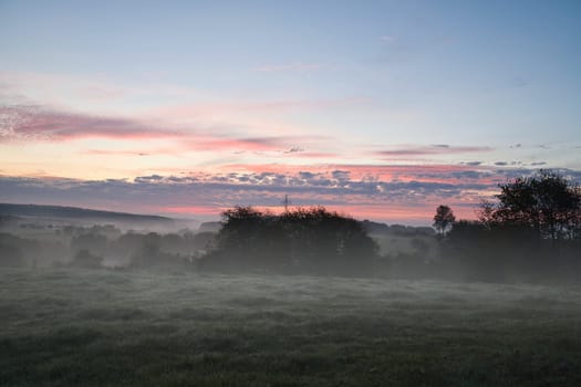 Sunrise over a neighboring forest with meadow in the foreground. Pasture landscape with tree standing alone at dawn. Landscape photo in Saarland