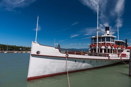 The steamer ship docked in the port