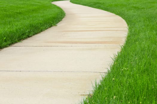 Concrete pathway through green lawn